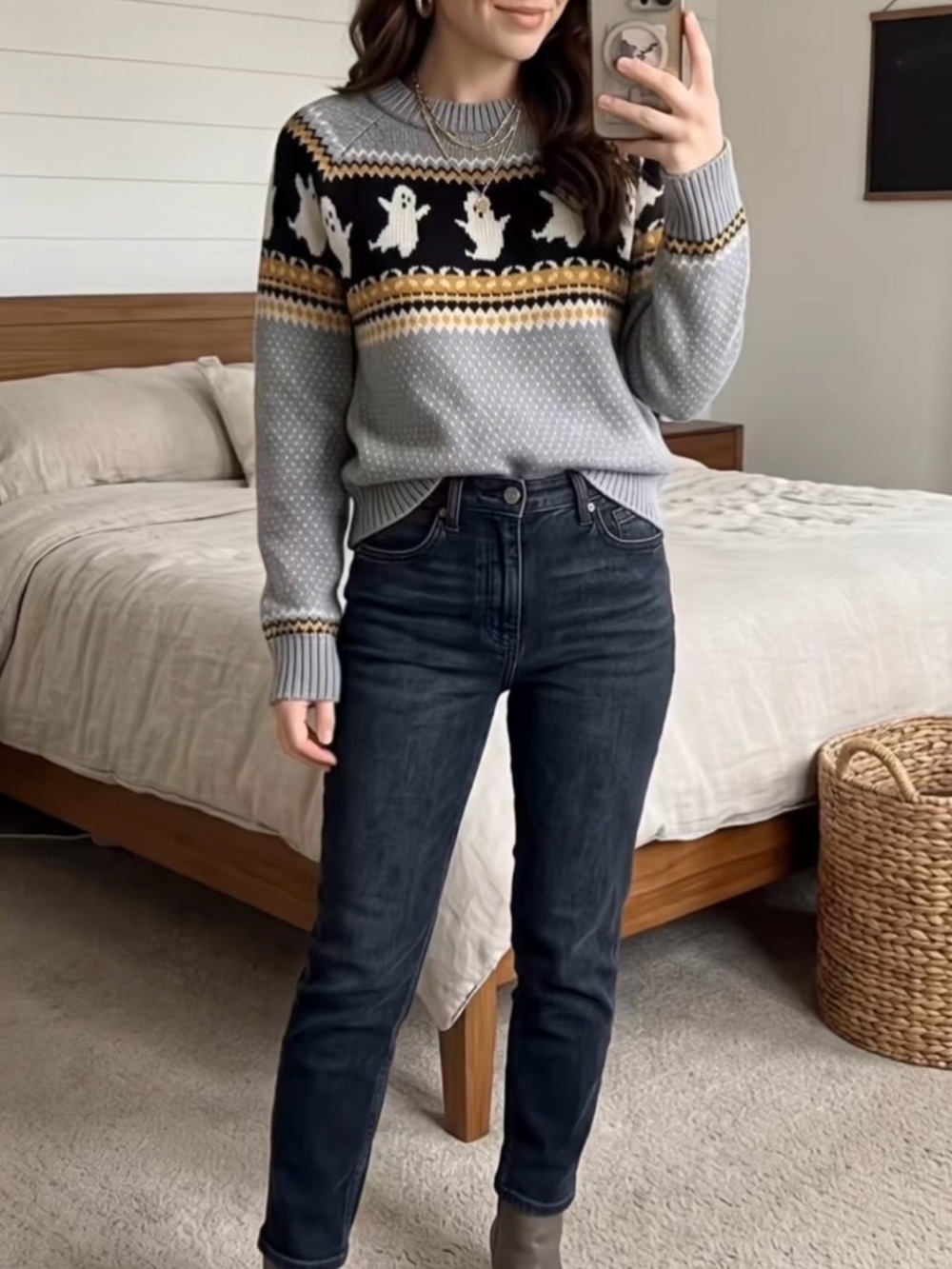 Cozy Gray Ghost Crewneck Sweater L